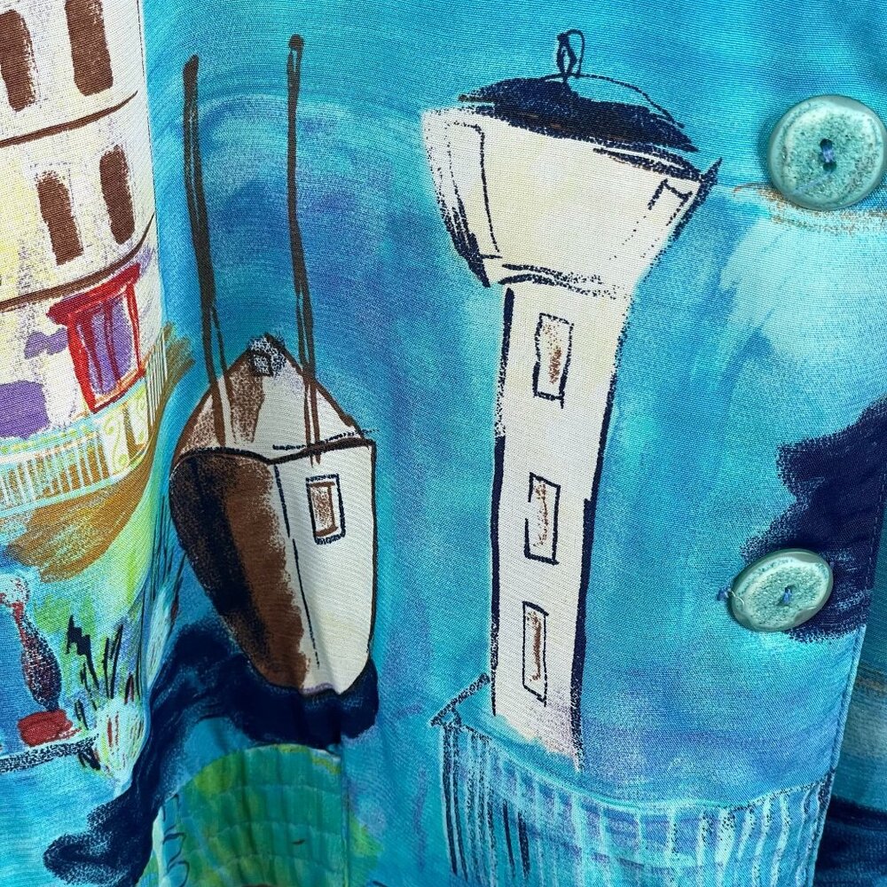 Vintage 90s Top 2X Coastal Venice Style Art To Wear Impressionist Shacket Travel - Picture 7 of 14